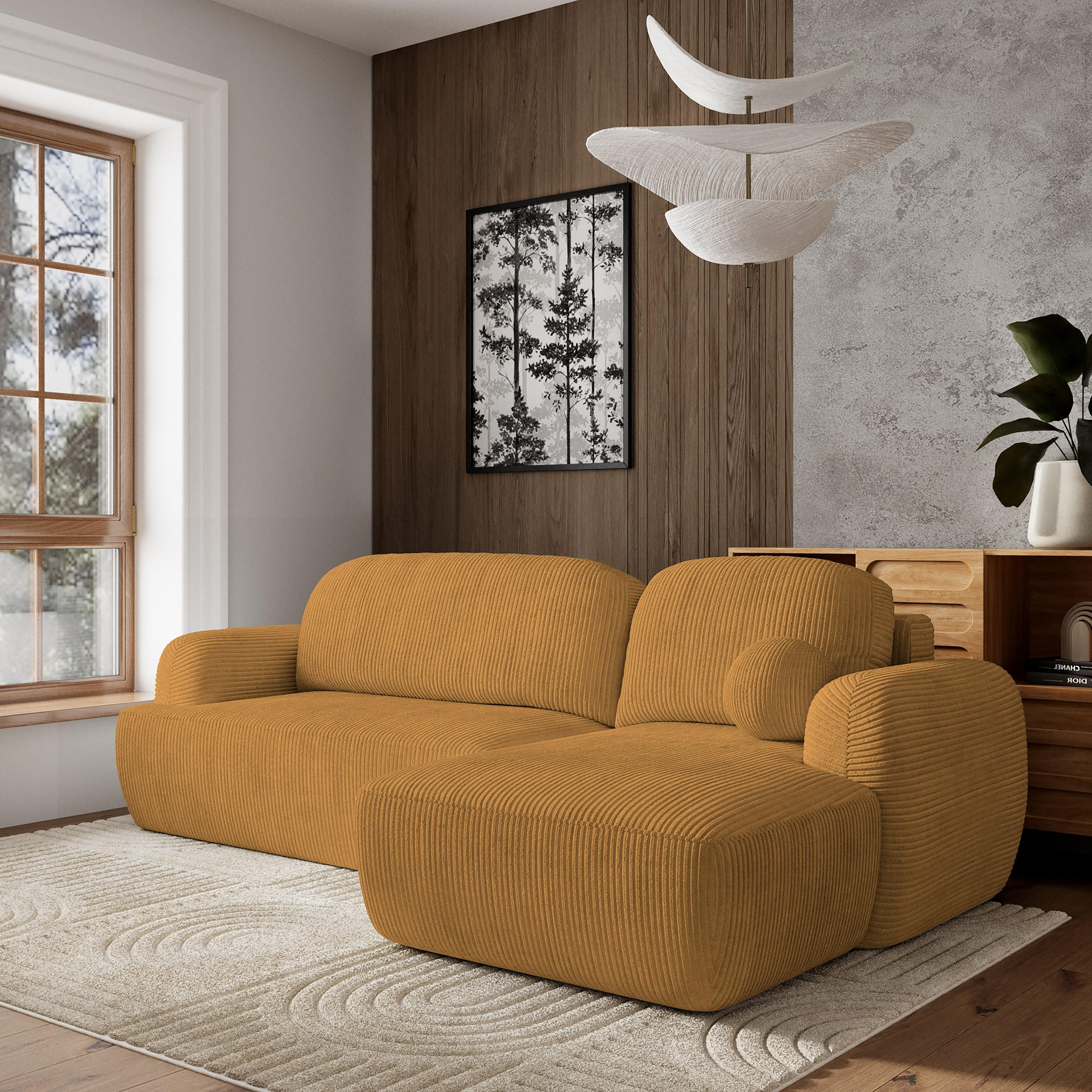 ECKSOFA MODENZA P R-S Gelb Kordstoff mit Schlaffunktion - Gelb, Holz (266/148cm) - MASSENO