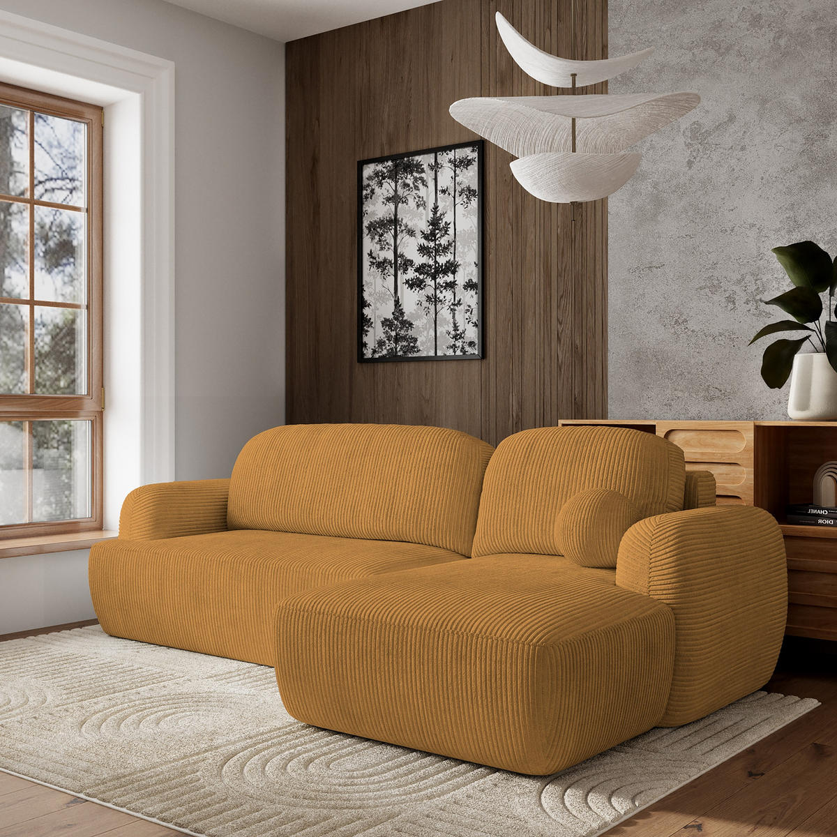 ECKSOFA MODENZA P R-S Gelb Kordstoff mit Schlaffunktion - Gelb, Holz (266/148cm) - MASSENO