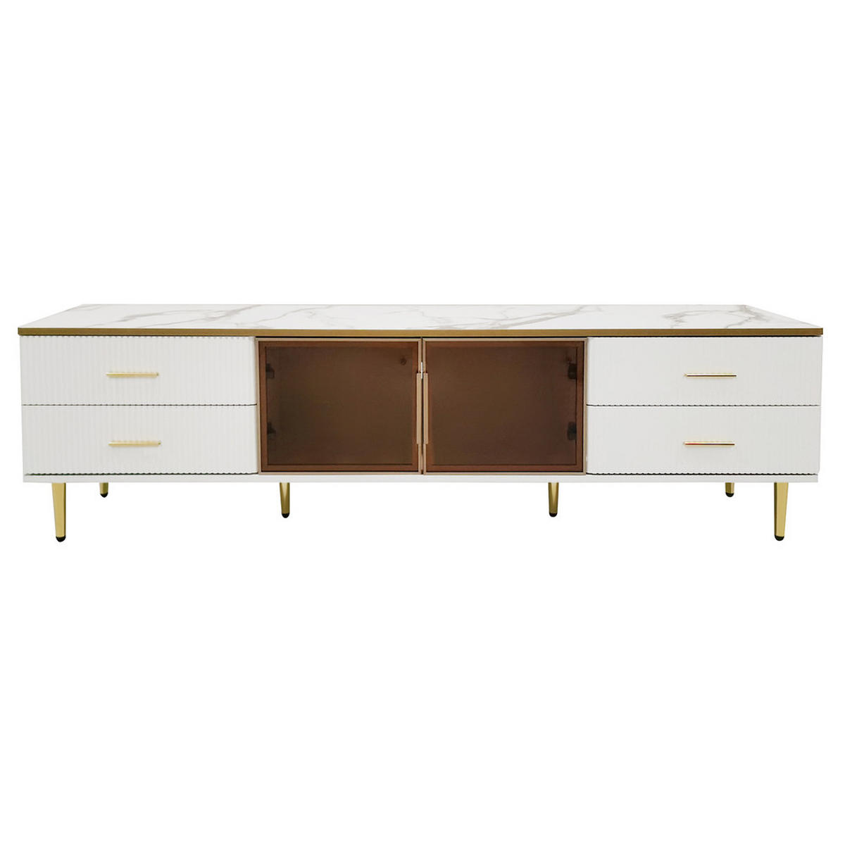 TV-SCHRANK 170x37cm Marmoroptik 4 Strukturschubladen goldene Griffe Glastüren - Weiß, Holz (40.5/24.5/87cm) - FLIEKS