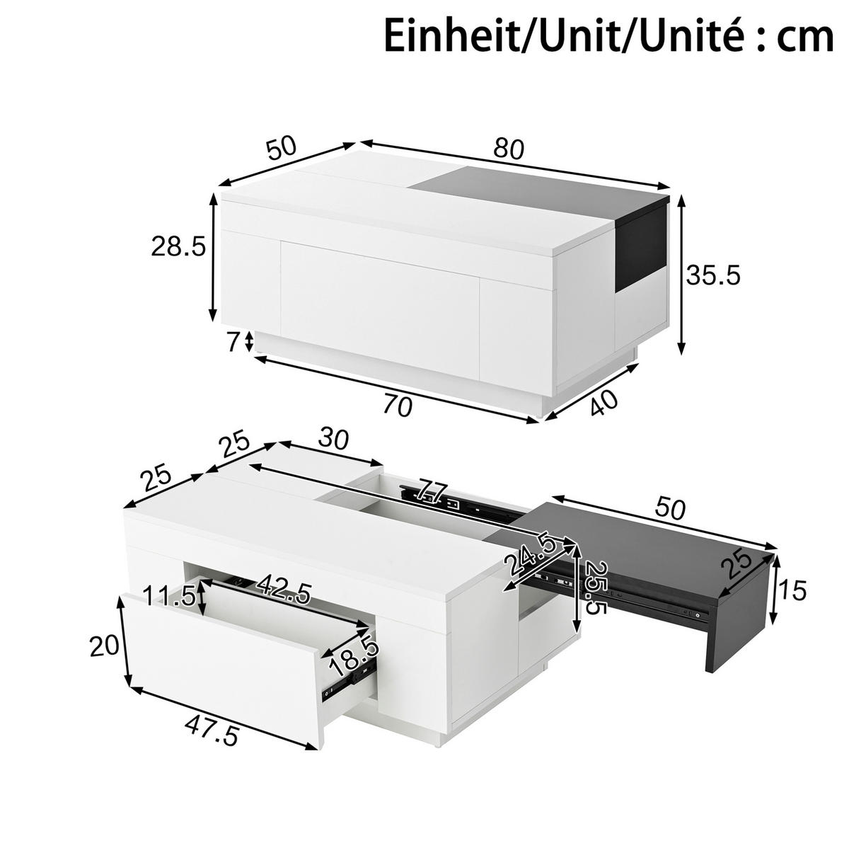 COUCHTISCH aus MDF 80x50x35,5 cm Schwarz/Weiß mit LED-Beleuchtung, ausziehbarer Tischplatte und versteckter Schublade - Weiß, Holzwerkstoff (80/50/35.5cm) - Modfu