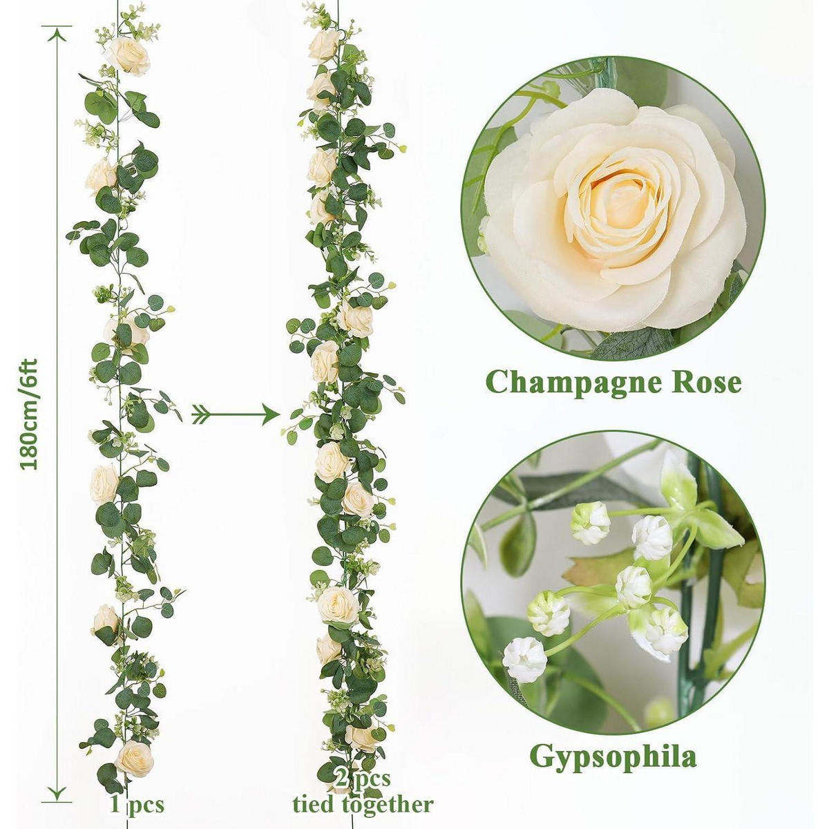 KÜNSTLICHE Blumengirlande 4-teiliges Set Champagner Eukalyptus 180 cm - Multicolor, Kunststoff (10cm)