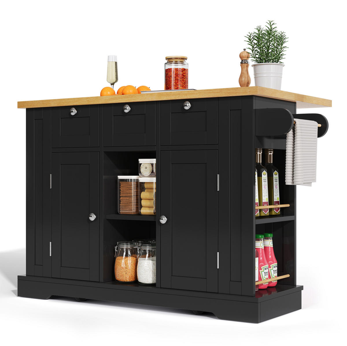 KÜCHENINSEL 132/40(70)/87 cm mit ausziehbarer Arbeitsplatte, Stauraum, Steckdose, USB und Rollen aus MDF, Natur/Schwarz - Schwarz, Holzwerkstoff (132/87/70cm) - Redom