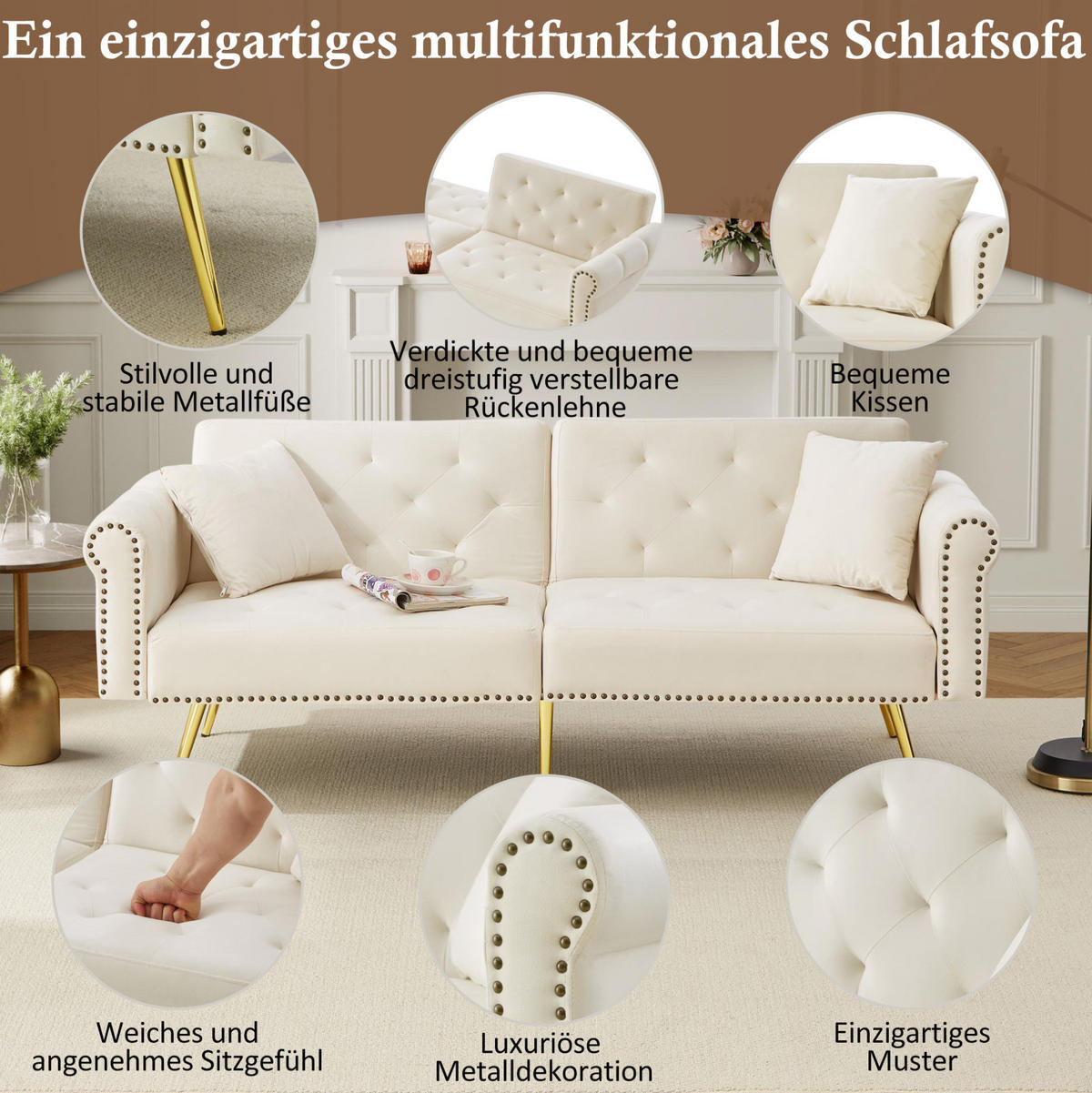 SCHLAFSOFA 2-Sitzer Samt mit 3-fach verstellbarer Rückenlehne Beige 173/75/70 cm - Beige, Textil (70/173/75cm) - Redom