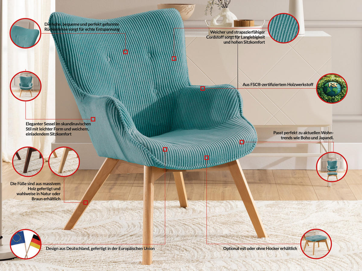 LOUNGESESSEL Lenari Türkis Cordstoff mit Füßen in Natur - Türkis/Naturfarben, Holz/Textil (71/96/86cm) - S-Style Möbel