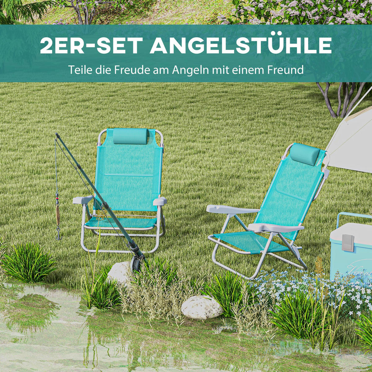 STRANDSTUHL 2er Set Aluminium Mesh-Gewebe Türkis - Türkis, Textil/Metall (62/80/65cm) - Outsunny