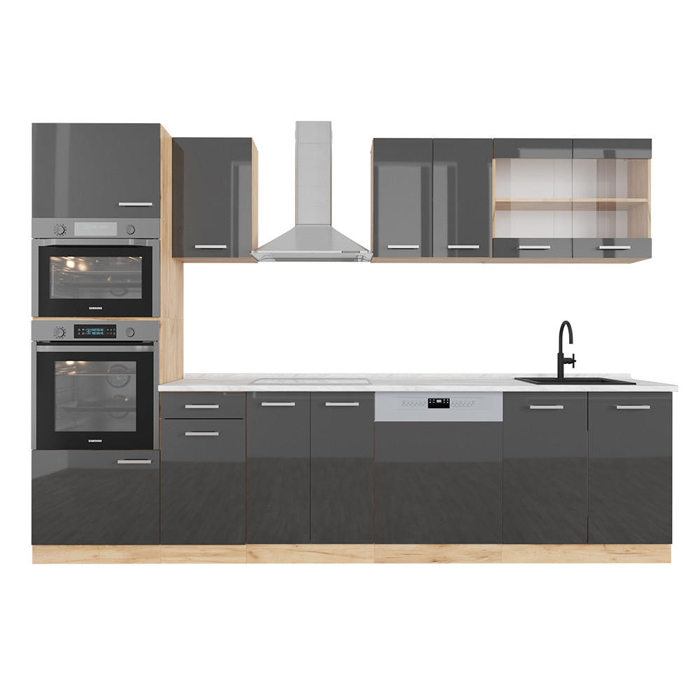 KÜCHENZEILE R-Line Anthrazit Hochglanz/Goldkraft Eiche 300 cm AP Marmor - Honigeiche/Anthrazit, Holzwerkstoff (300/81.6/60cm) - Vicco