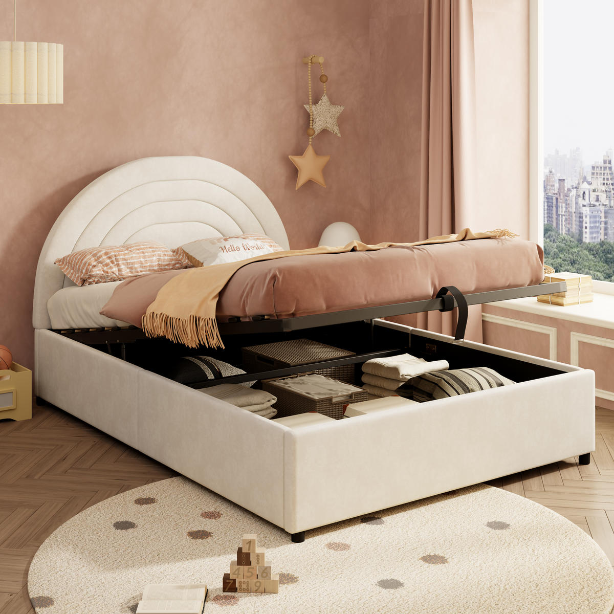 POLSTERBETT 140/200 cm in Beige mit Bettkasten Samt Kinderbett - Beige, Holzwerkstoff/Textil (140/200cm) - STILVORA