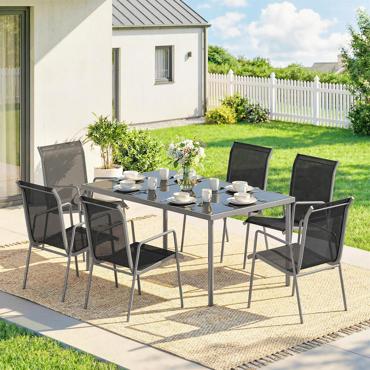OUTDOOR-ESSGRUPPE 7er Set Metall Netzstoff Silber Schwarz - Silberfarben/Schwarz, Metall - Outsunny