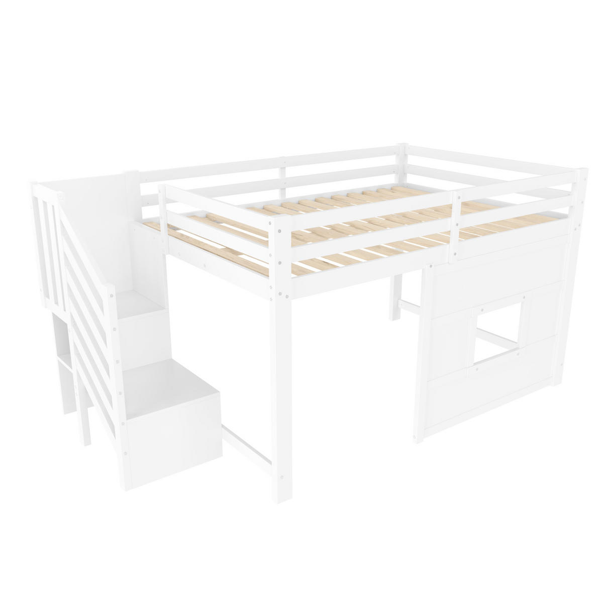 HOCHBETT 140/200 cm Weiß aus MDF, Kiefer und Sperrholz mit Stauraumtreppe und Fenster - Weiß, Holzwerkstoff (140/200cm) - OKMYHOME