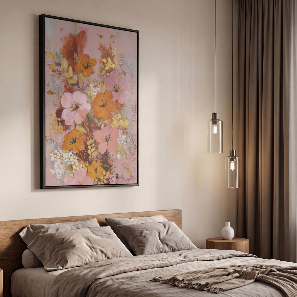 LEINWAND Bilder mit Rahmen - Malerei - Blumen - Rustikal - Rosa - 60x90 - Altrosa, Textil (60/90cm) - MuchoWow