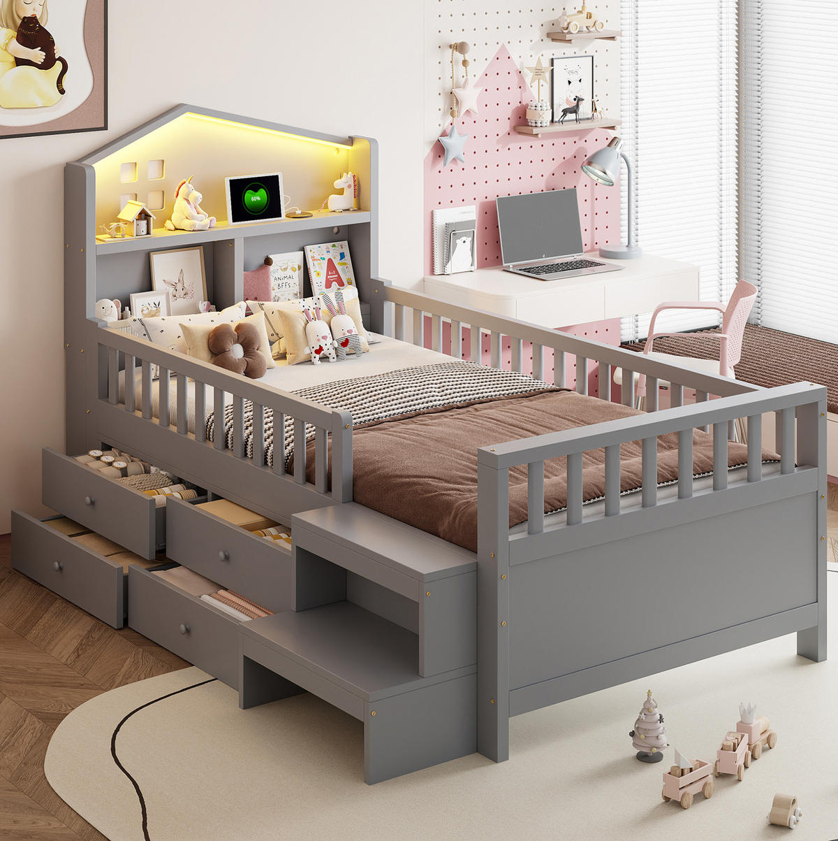 KINDERBETT mit 4 Schubladen und Stufen 90x200 cm Grau - Grau, Holzwerkstoff (90/200cm) - Beauniv