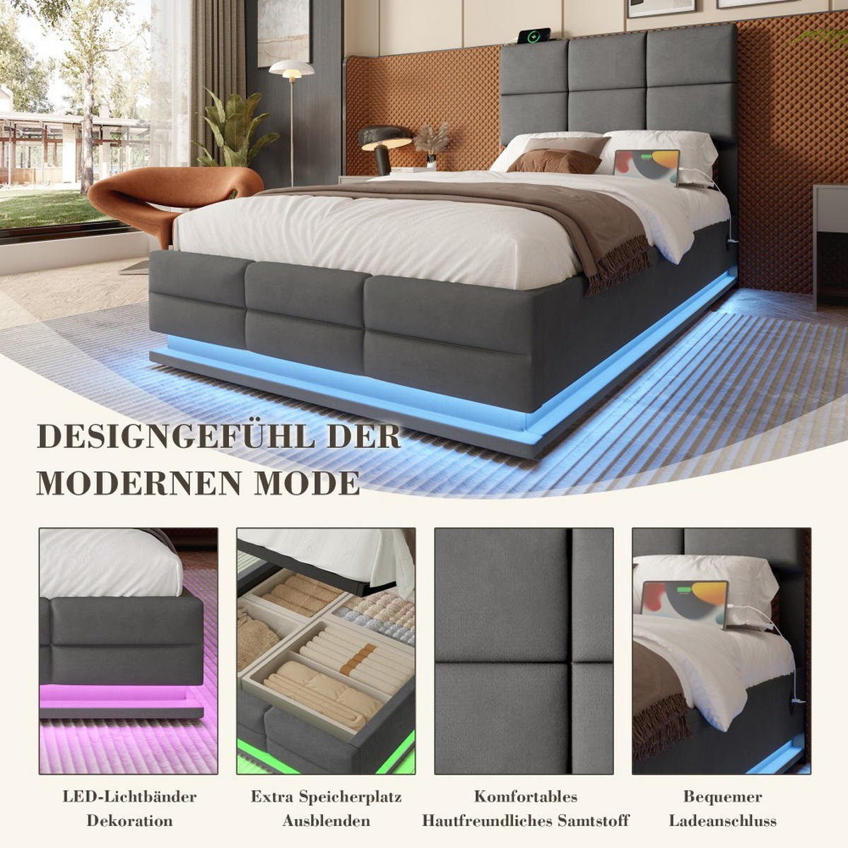 BOXBETT 90/200 mit Bettkasten, LED, USB/Typ C-Ladeanschluss,Samt,Grau - Grau, Holz (90/200cm) - LVHOM
