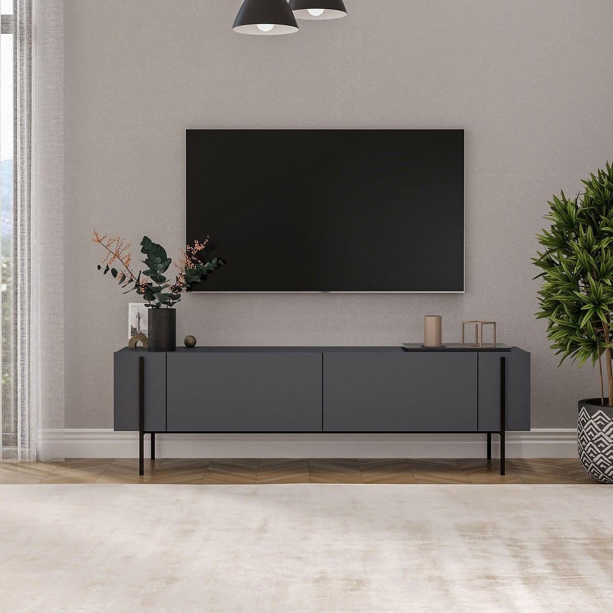 TV-MÖBEL mit 2 klappbaren Türen und Metallfüßen 31,4/160/45,6 cm - Anthrazit, Holzwerkstoff (31.4/45.6/160cm) - Calicosy