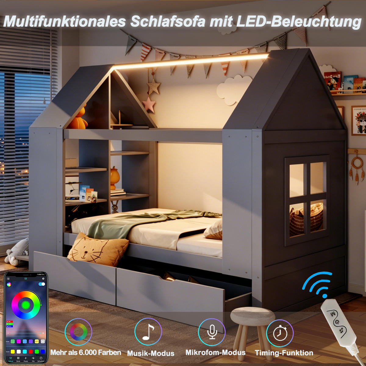 KINDERBETT 90x200 Hausdesign LED Schubladen Grau - Grau, Holz (90/200cm) - FLIEKS
