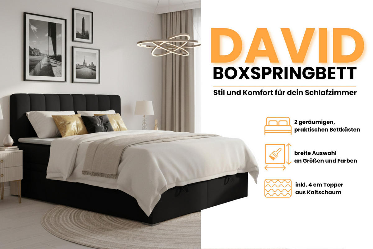 BOXBETT DAVID 140/200 Velour Schwarz mit einer Matratze H4 - Schwarz, Holz/Holzwerkstoff (140/200cm) - Deine Möbel 24
