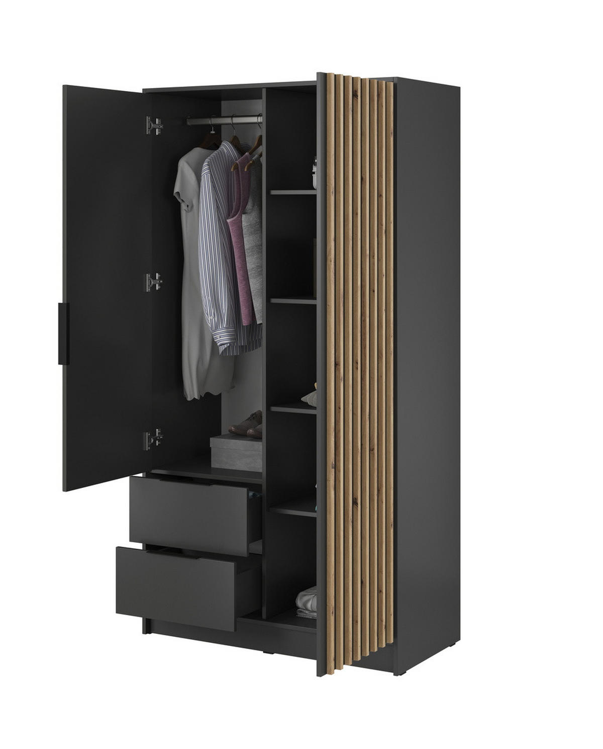 KLEIDERSCHRANK 100 cm Fioro - 2 Türen, Lamellen, Schubladen, Graphit - Graphitfarben, Holz (105/200/51cm) - Emporius