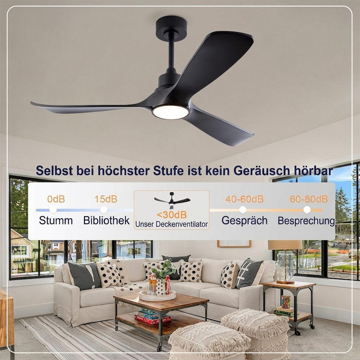 DECKENVENTILATOR & LED Beleuchtung Vor-/Rücklauf reversibler DC-Motor - Schwarz, Kunststoff (132/132/45.7cm) - BEXEVUE