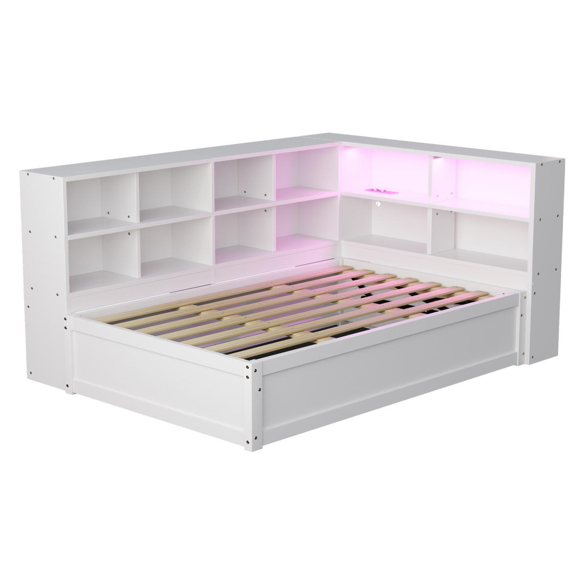 BETT 90/200 cm mit Kopfteil, Stauraum und LED-Leiste in Weiß - Weiß, Holz (90/200cm) - BEAOK