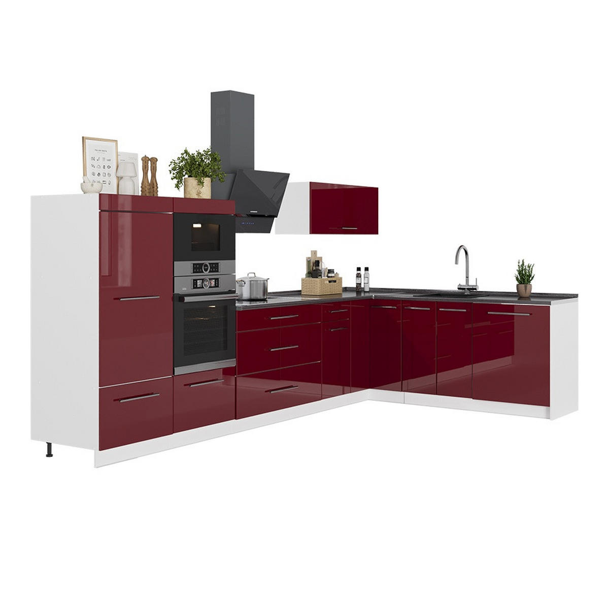 KUHINJA V OBLIKI ČRKE L Fame-Line, Bordo rdeča barva visokega sijaja/Bela, 347 x 207 cm brez delovne plošče - bela/bordo, leseni material (347/153.6/51.6cm) - Vicco