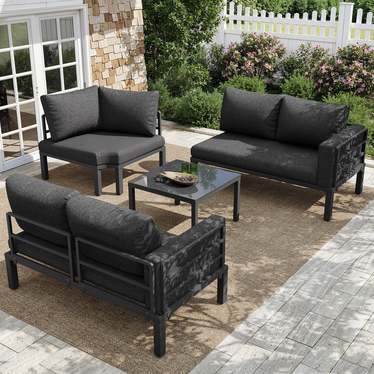 GARTENSET 4-5 Sitzer Grau Mit Verstellbaren Füßen & Glastisch - Grau, Metall - FLIEKS