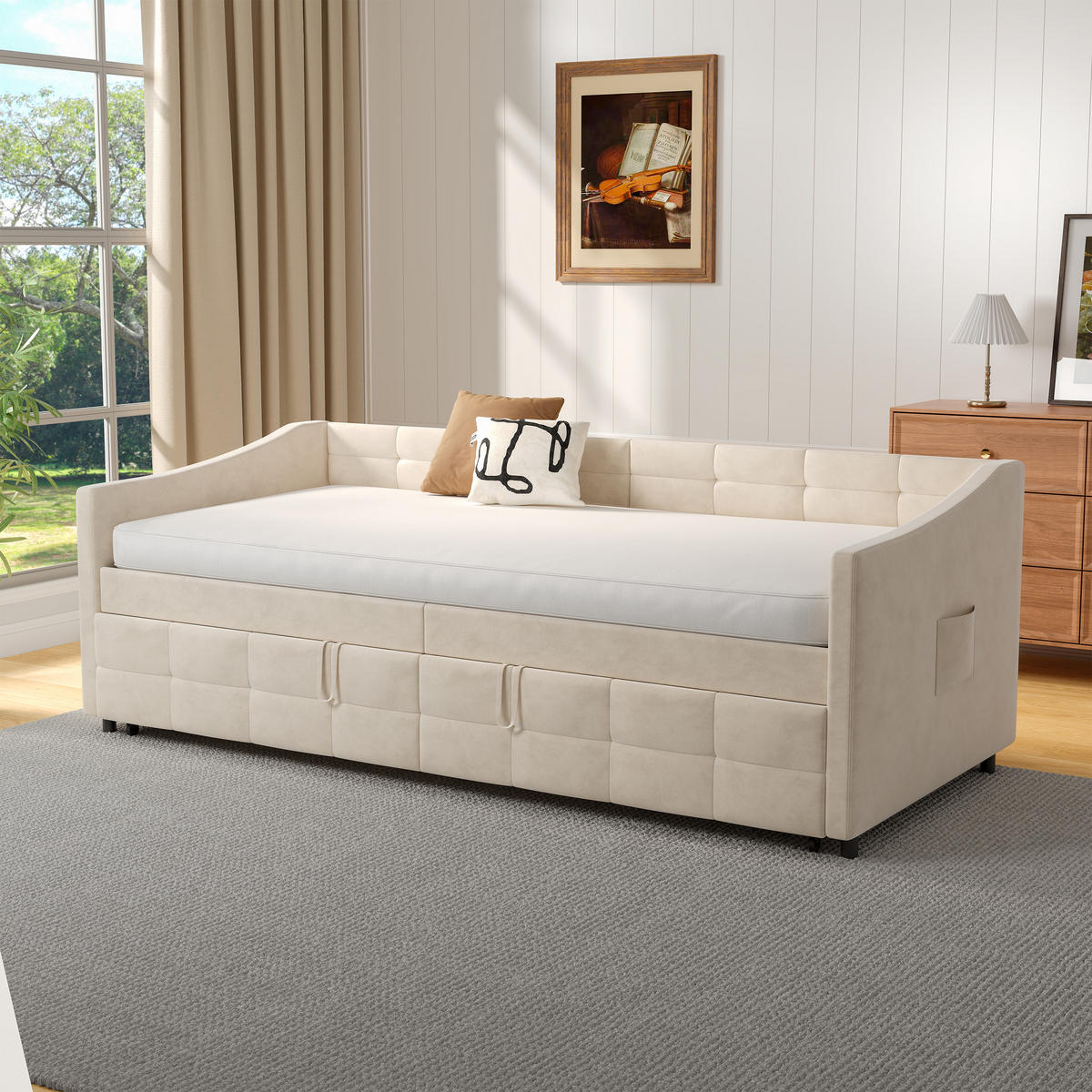 SCHLAFSOFA 90x200cm weiß samt hydraulik seittaschen - Weiß, Holzwerkstoff (90/200cm) - SHOPENTRA
