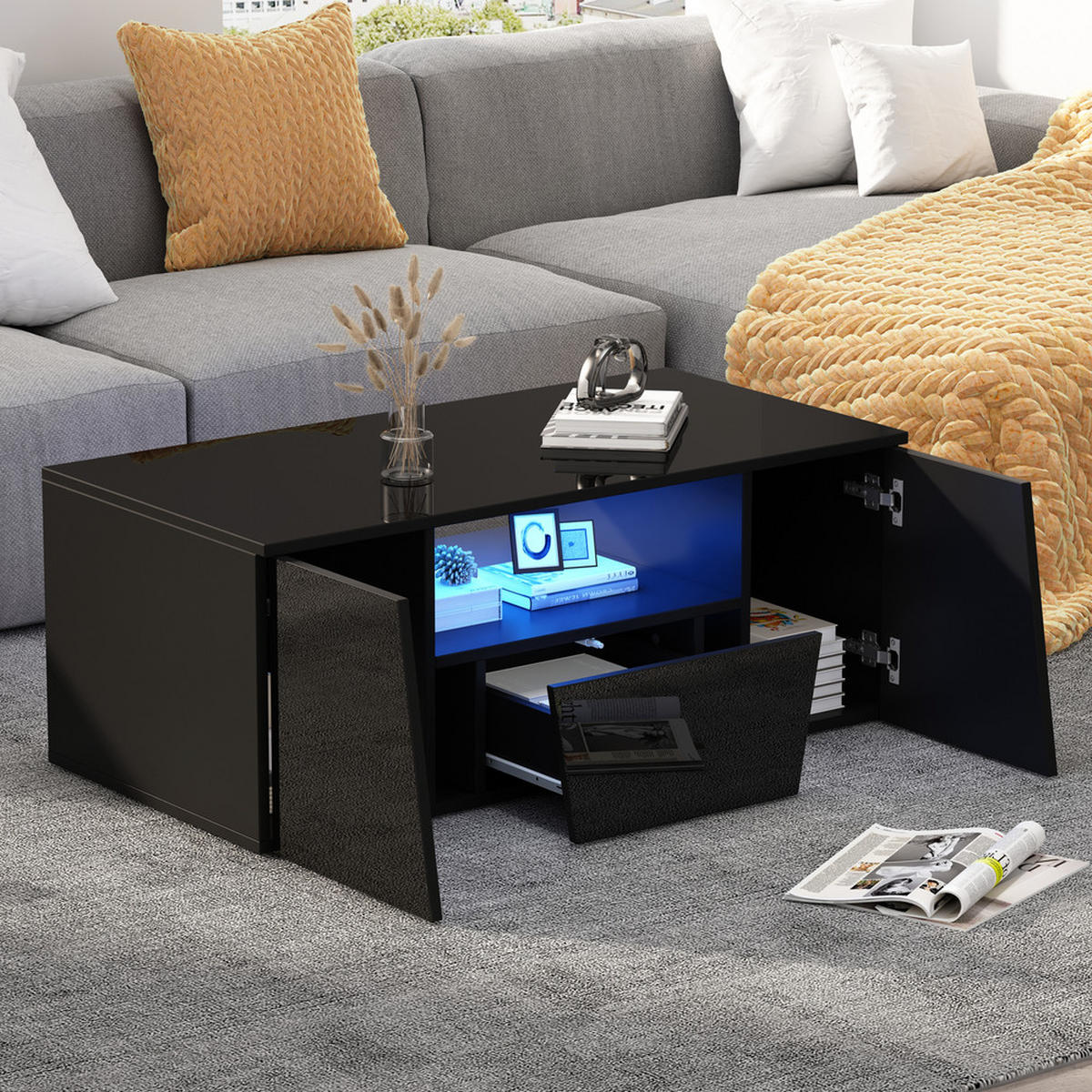 COUCHTISCH 100x50cm Schwarz Hochglanz LED Unregelmäßig 2 Schränke Schublade - Schwarz, Holz (109.22/59.51/12.98cm) - FLIEKS