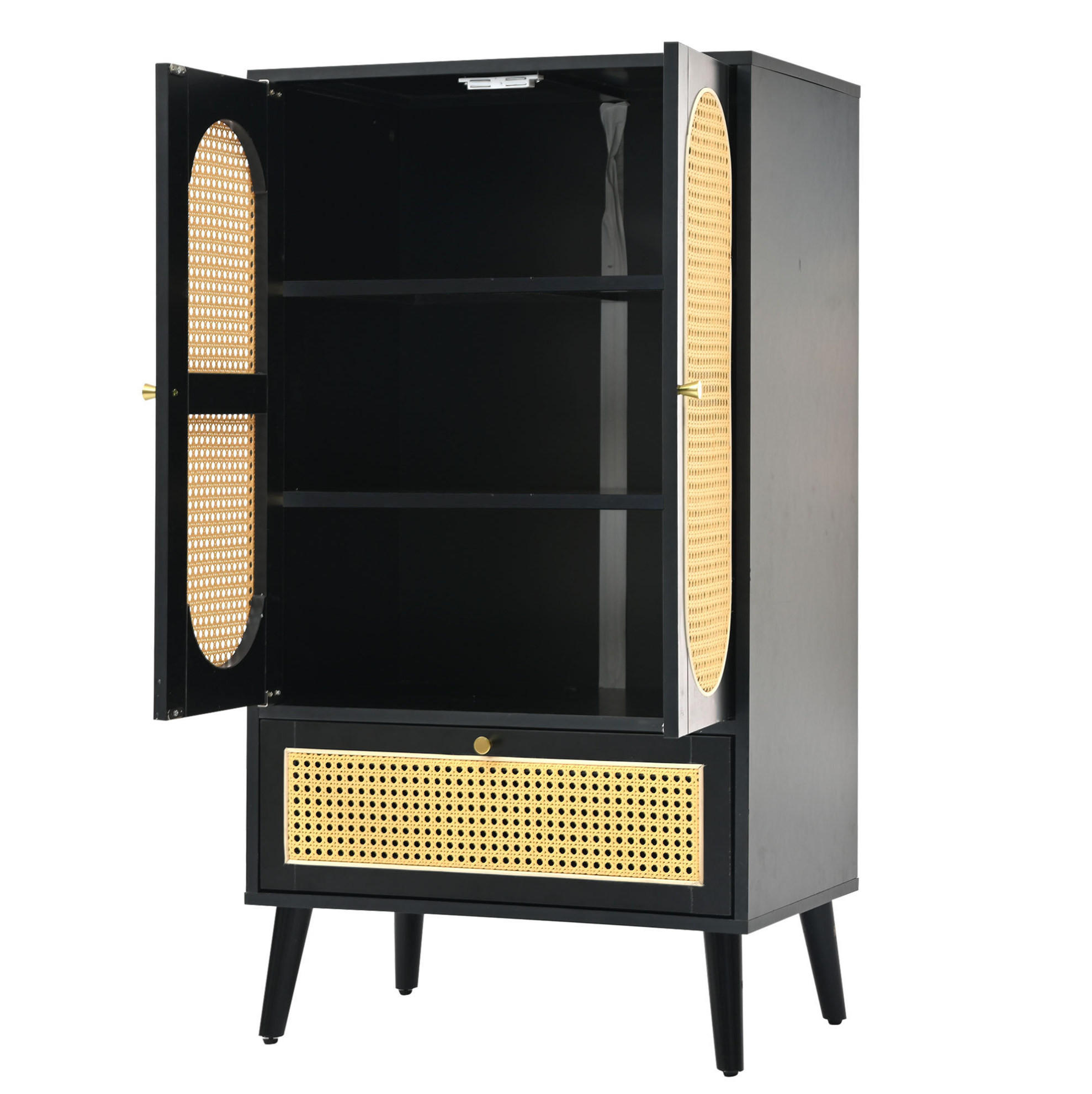 SIDEBOARD 60/40/110,5 cm schwarz aus Spanplatte mit Rattanfronten und 2 Türen - Schwarz, Holzwerkstoff (40/110.5/60cm) - OKWISH