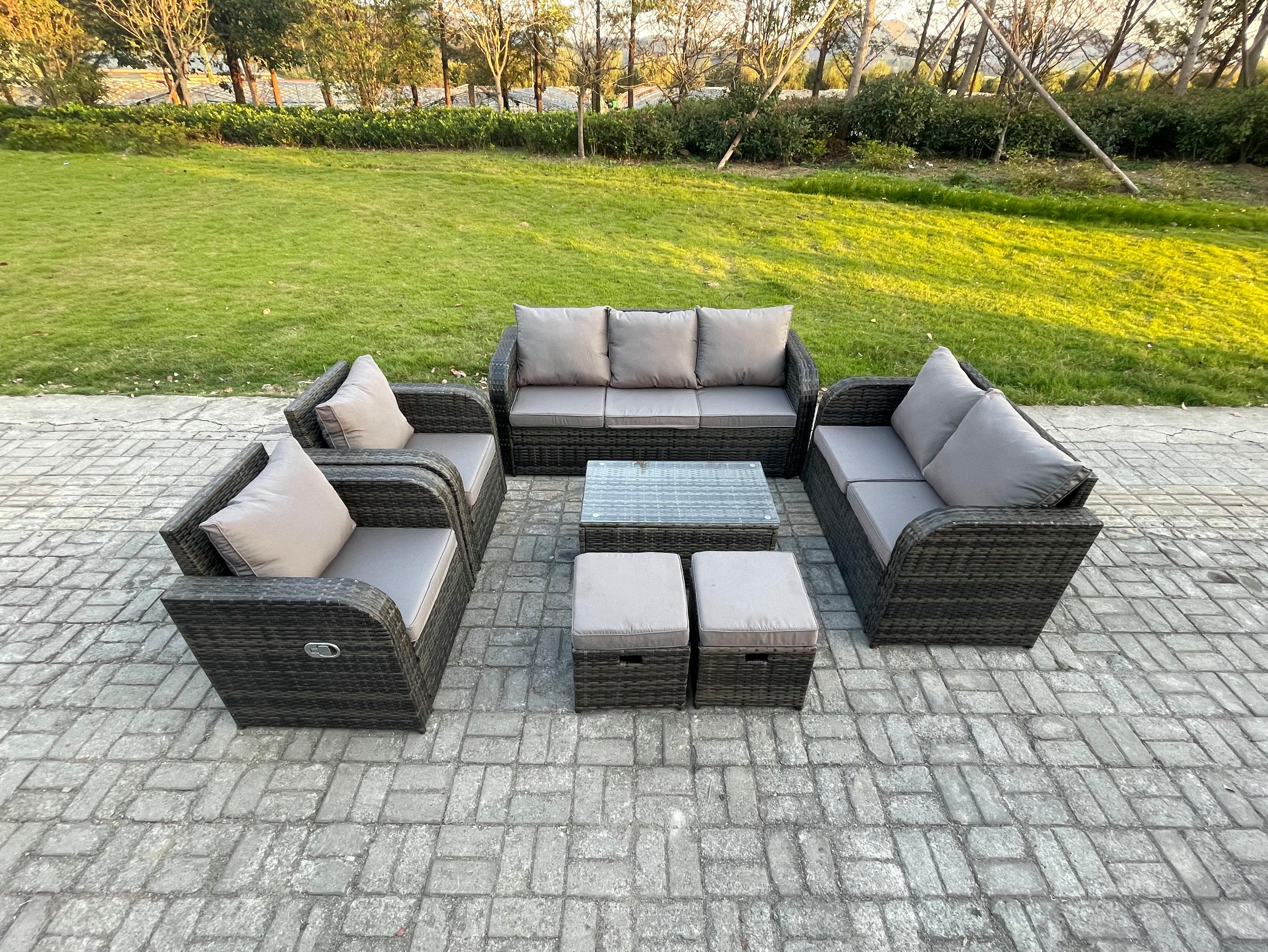 GARTENMÖBELSET mit Couchtisch Polyrattan 9-Sitzer - Dunkelgrau/Grau, Glas/Kunststoff - Fimous