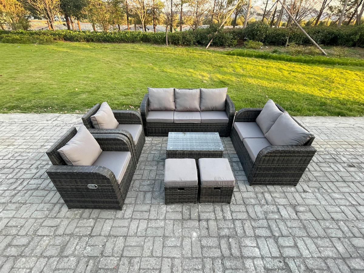 GARTENMÖBELSET mit Couchtisch Polyrattan 9-Sitzer - Dunkelgrau/Grau, Glas/Kunststoff - Fimous