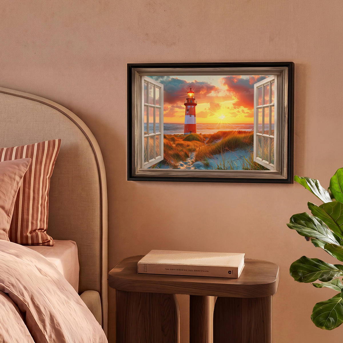 LEINWAND Bilder mit Rahmen - Aussicht - Fenster - Leuchtturm - Sonnenuntergang - Strand - 40x30 - Dunkelorange, Textil (40/30cm) - MuchoWow