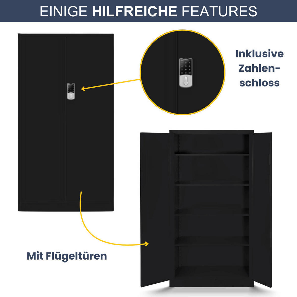 METALLSCHRANK abschließbar ODIS mit Zahlenschloss 185x90x40cm Schwarz - Schwarz, Metall (90/185/40cm) - DELUKE