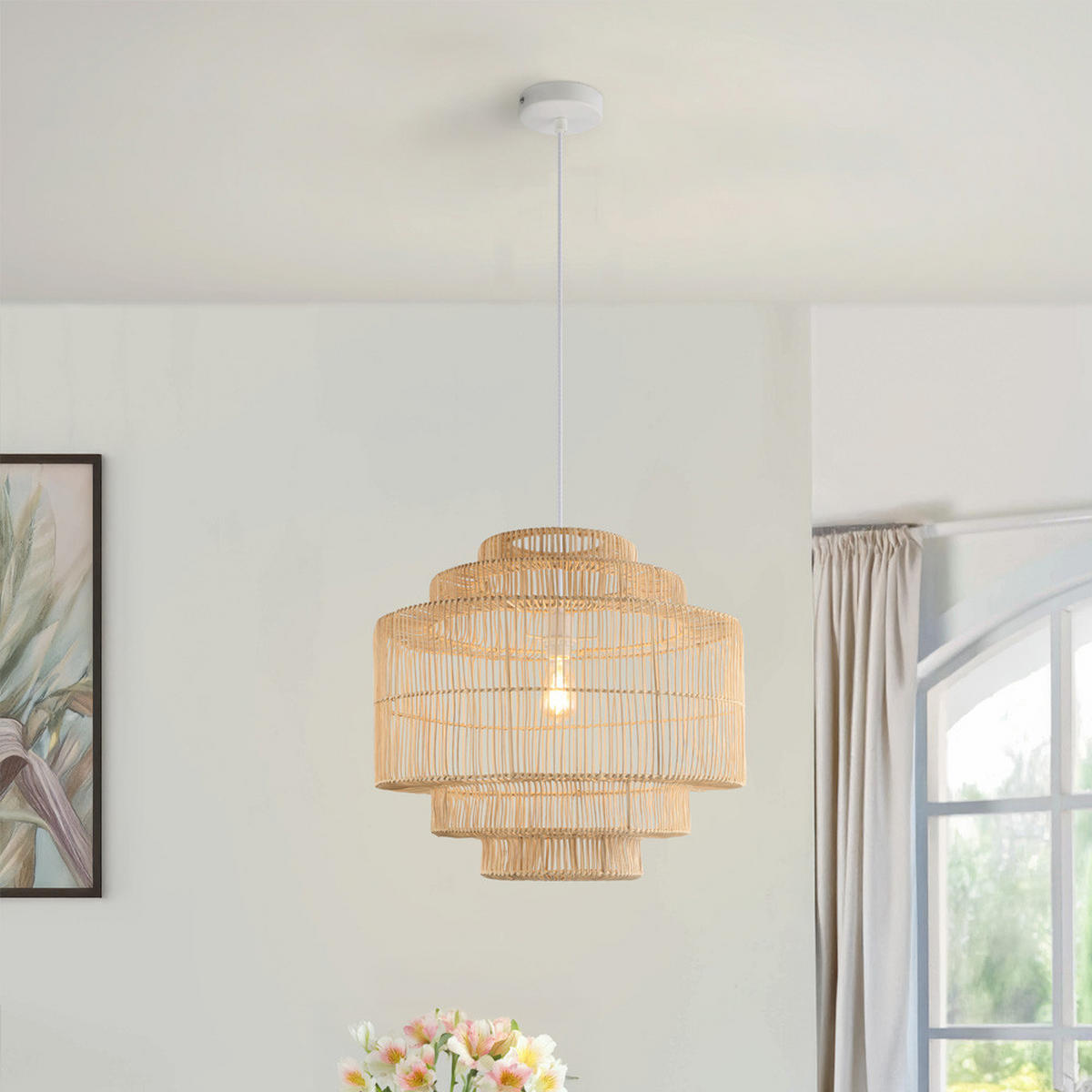 HÄNGELEUCHTE SIA - Weiß / Bambus, Hängeleuchte - Weiß/Braun, Kunststoff (53/53/150cm) - Home Deluxe