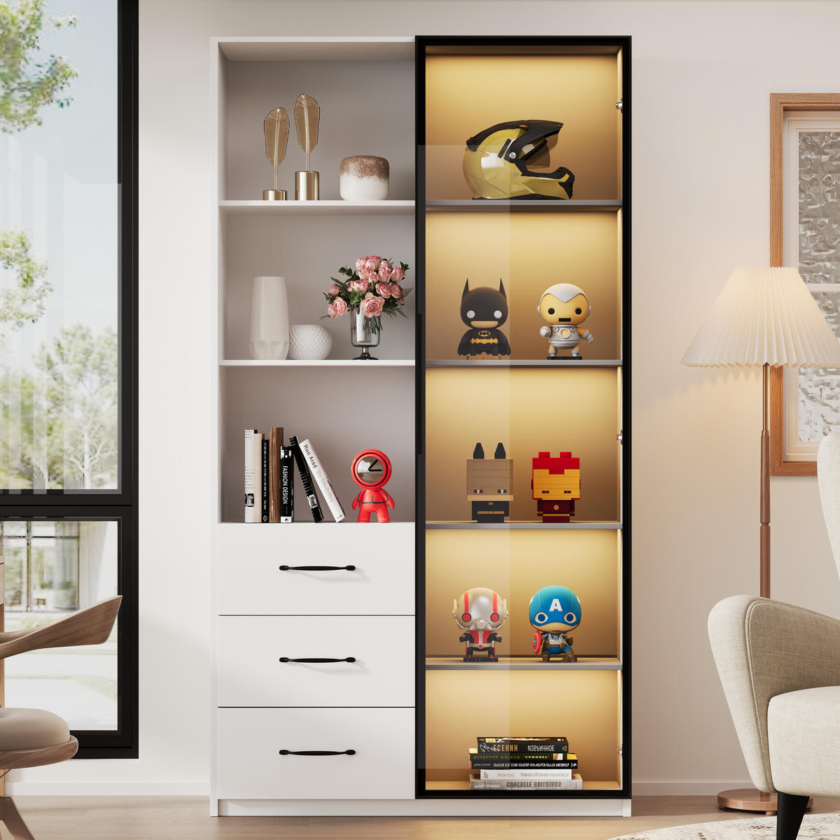 VITRINE 80cm Glas LED Aluminium 3 Schubladen 3 Fächer modern - Weiß, Holzwerkstoff (80/160/40cm) - FLIEKS