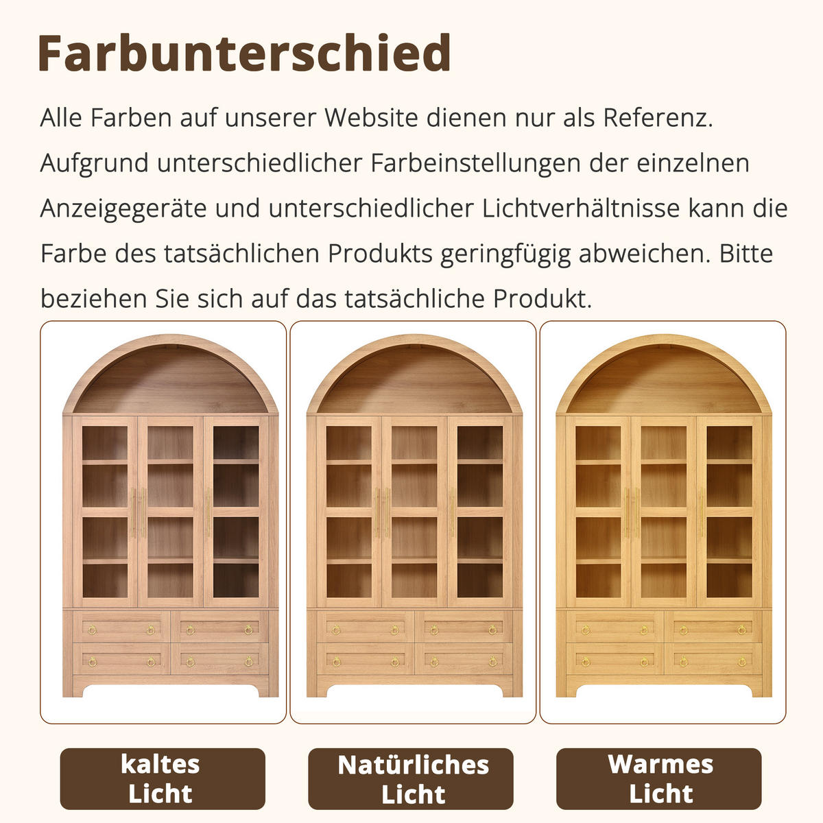 SIDEBOARD WOHNZIMMERSCHRANK Rundbogen 3 Glastüren 4 Schubladen - Naturfarben, Holzwerkstoff (110/185/40cm) - Urban Meuble
