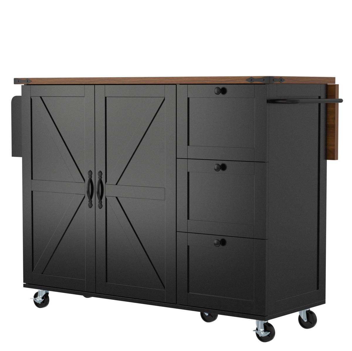 KÜCHENINSEL aus MDF 140x45x92,5 cm Schwarz mit klappbarer Arbeitsplatte, 5 Rollen und 3 Schubladen - Schwarz, Holzwerkstoff (140/92.5/45cm) - Modfu