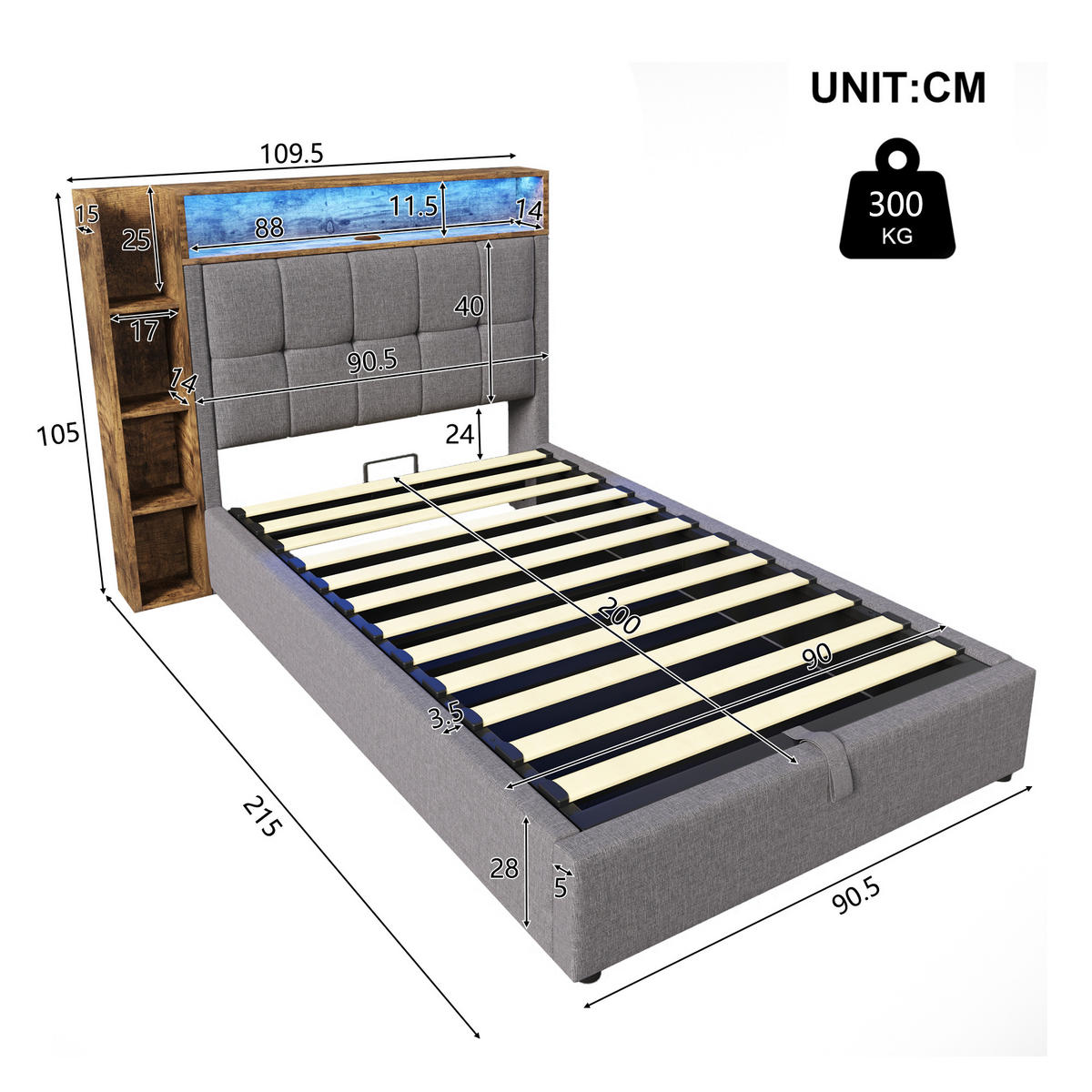 POLSTERBETT 90/200 cm Grau mit LED-Beleuchtung und USB- und Type-C-Anschlüssen - Grau, Textil (90/200cm) - OKWISH