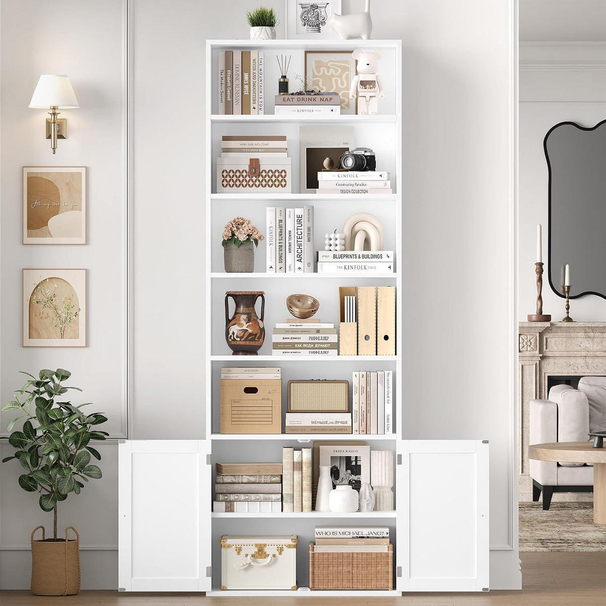 BÜCHERREGAL mit Türen 209 cm weiß - Weiß, Holzwerkstoff (60/209/23.5cm)