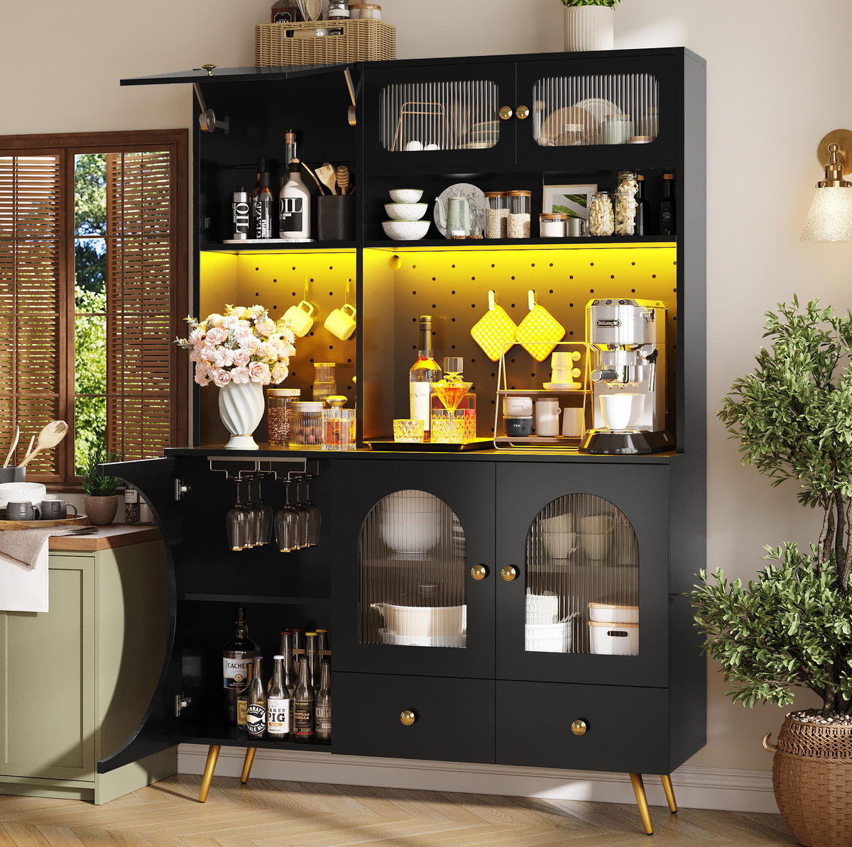 KUHINJSKI element za posuđe 120/40/176 cm crni, MDF/staklo, s LED rasvjetom i utičnicama - crna, drvni materijal (120/176/40cm) - BEAOK