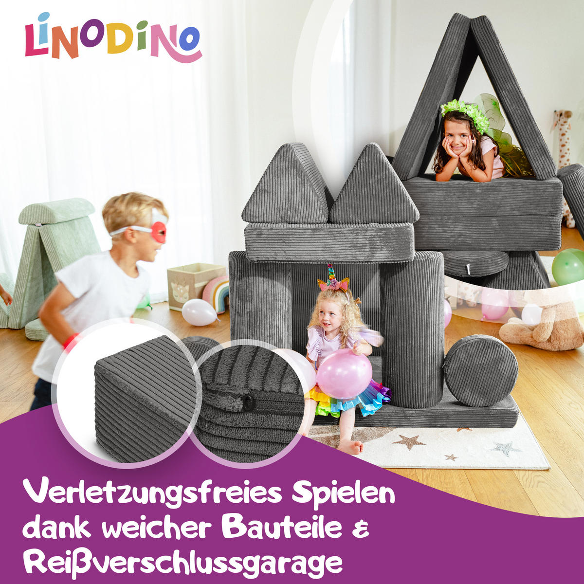 SPIELSOFA Kinder Fantasiewelt 8tlg - Dunkelgrau, Textil (150/55/66cm) - Linodino