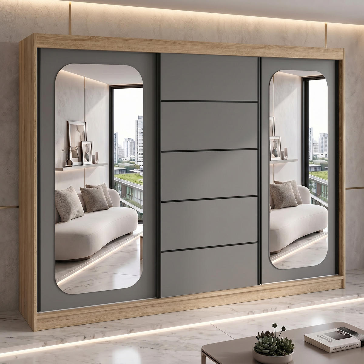 SCHWEBETÜRENSCHRANK BELANO 200 cm. Innenausstattung: Comfort plus - Graphitfarben/Braun, Holzwerkstoff (200/215/59.5cm) - A&J MöbelLand