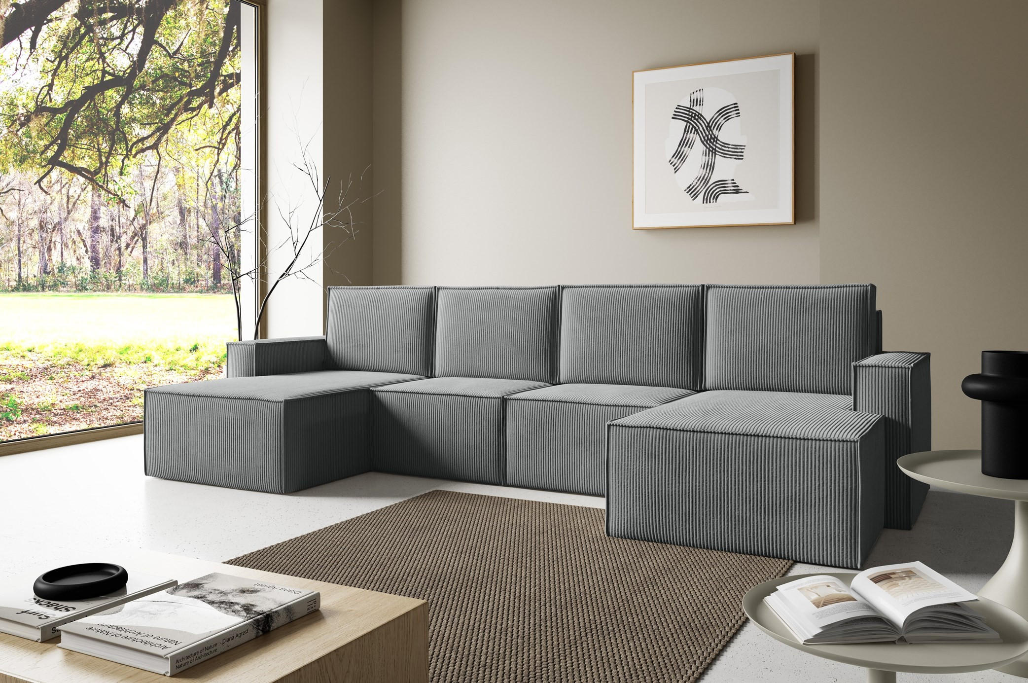 WOHNLANDSHAFT Orto Dunkelgrau - Dunkelgrau, Holzwerkstoff/Textil (320/93/142cm) - Bettso
