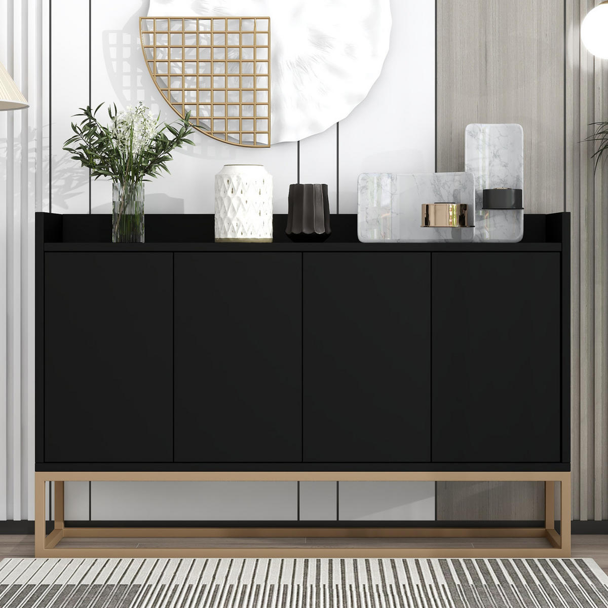 SIDEBOARDS 120cm, mit 4 Türen, verstellbaren Regalen, goldfarbenem Metallrahmen, Schwarz - Schwarz, Holzwerkstoff (120/30/80cm) - Waldena