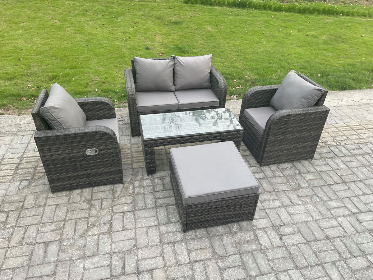 GARTENSOFA SET mit COUCHTISCH Polyrattan 5-Sitzer - Dunkelgrau/Grau, Glas/Kunststoff - Fimous