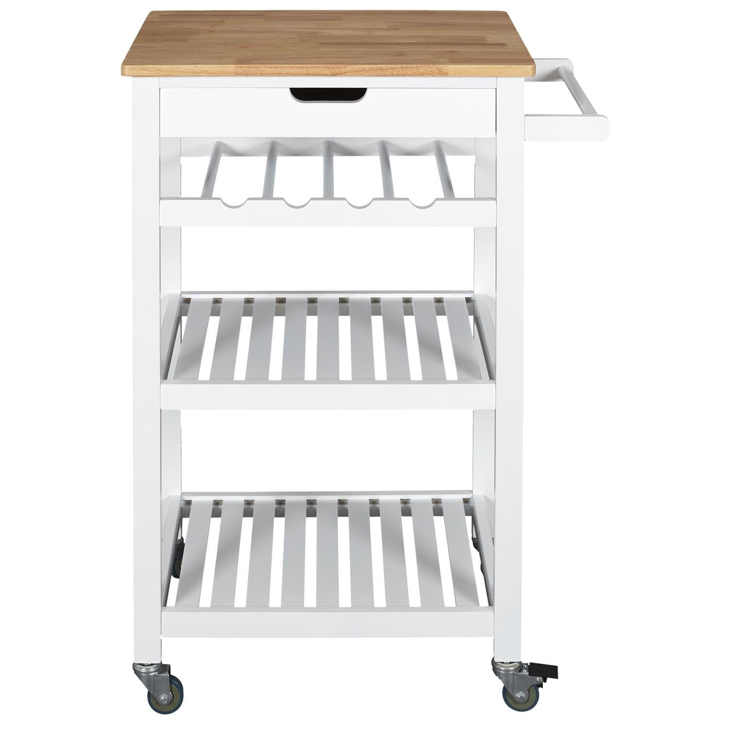 SERVIERWAGEN mit Rollen 3 Etagen und 1 Schublade weiß und Holz 61/84,5/40 cm - Weiß, Holzwerkstoff (61/84.5/21cm) - Calicosy