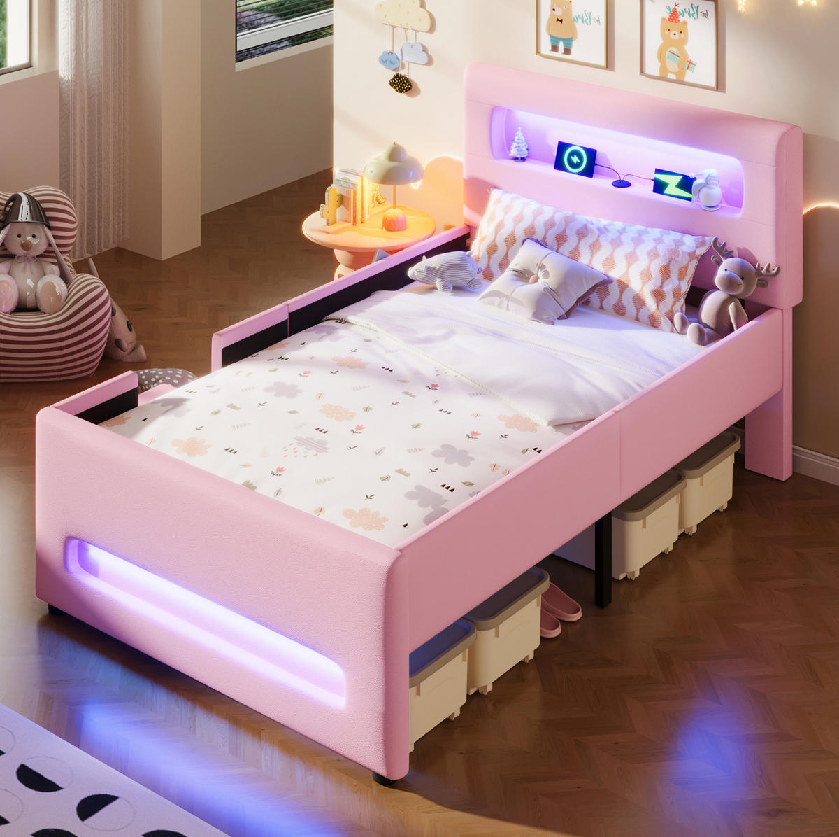 POLSTERBETT 90/200 cm mit Treppe, Schublade und LED-Beleuchtung, PU, Rosa - Rosa, Holzwerkstoff (90/200cm) - Redom