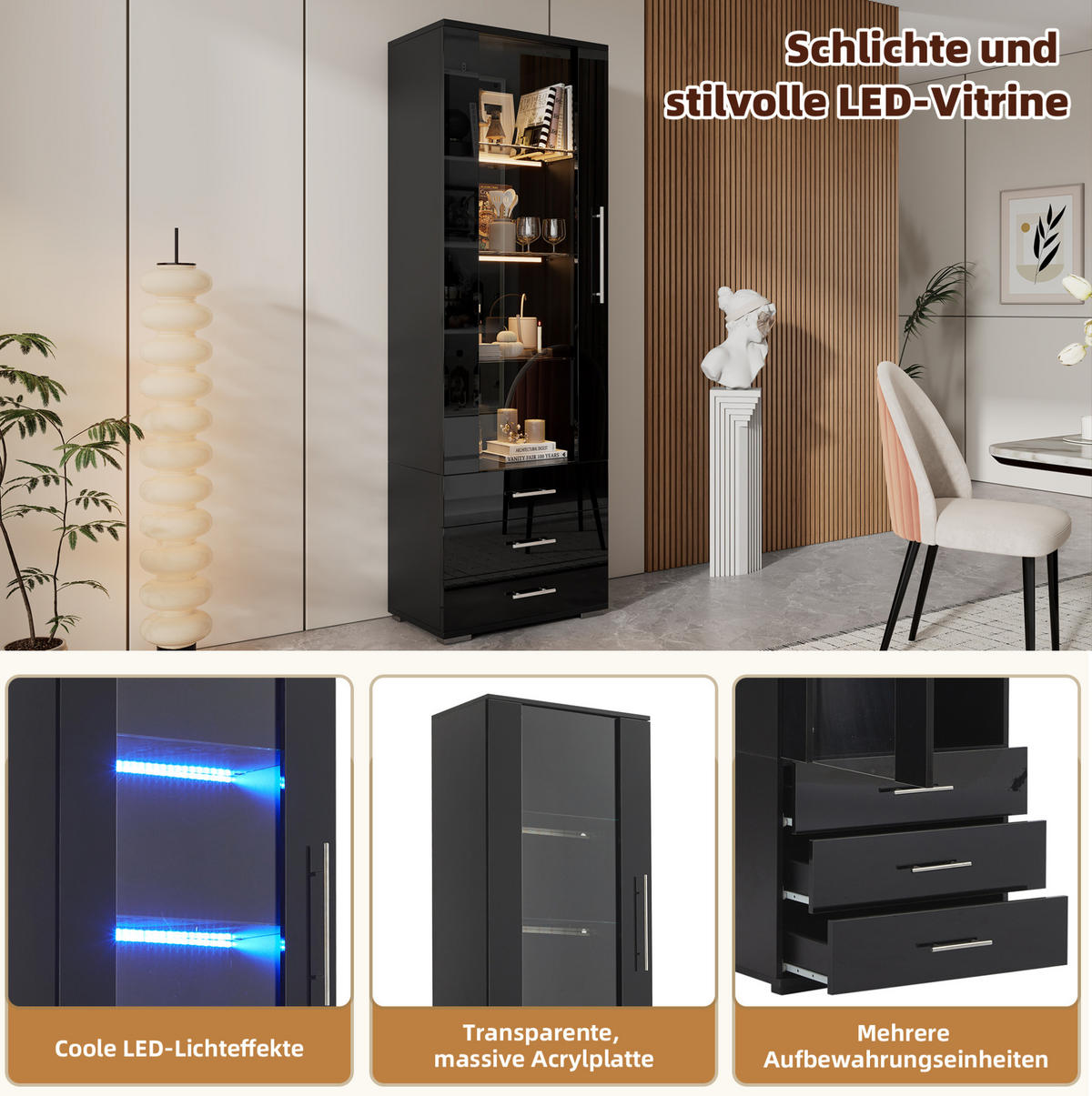 VITRINE 60/35/180 cm Schwarz aus MDF mit LED-Beleuchtung - Schwarz, Holzwerkstoff (35/180/60cm) - OKMYHOME