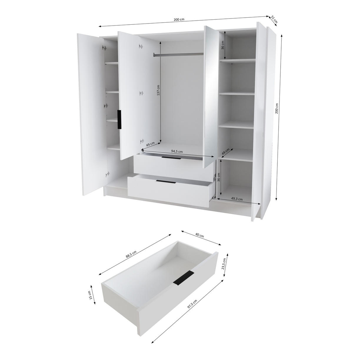 DREHTÜRENSCHRANK CAVA 200/200/51 cm Modern Kleiderschrank 4-türig Eiche Artisan - Weiß/Eiche Artisan, Holzwerkstoff (200/200/51cm) - MASSENO