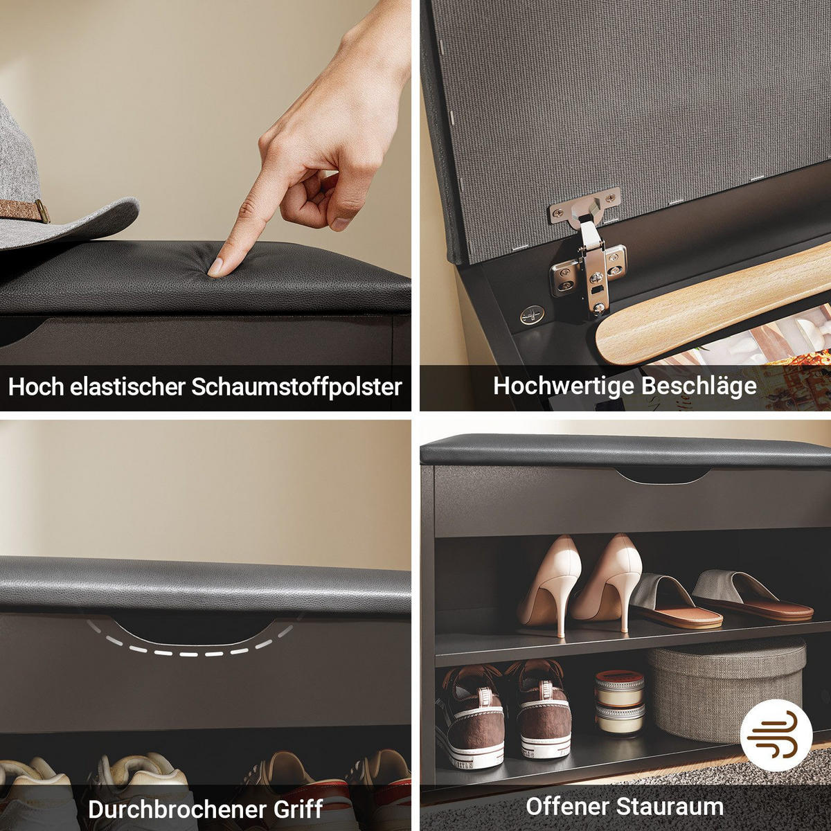 SCHUHBANK mit 2 Ablagen und Sitzkissen Schwarz 60x30x43cm - Schwarz, Holzwerkstoff (30/43/60cm) - SoBuy