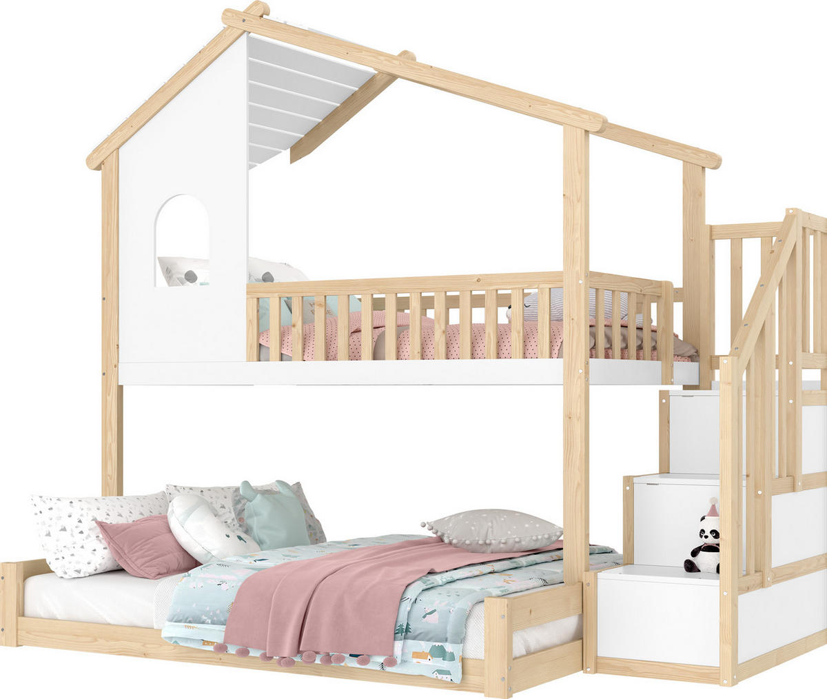 HAUSBETT Natur, Weiß - Ahornfarben/Weiß, Holz - Raumix