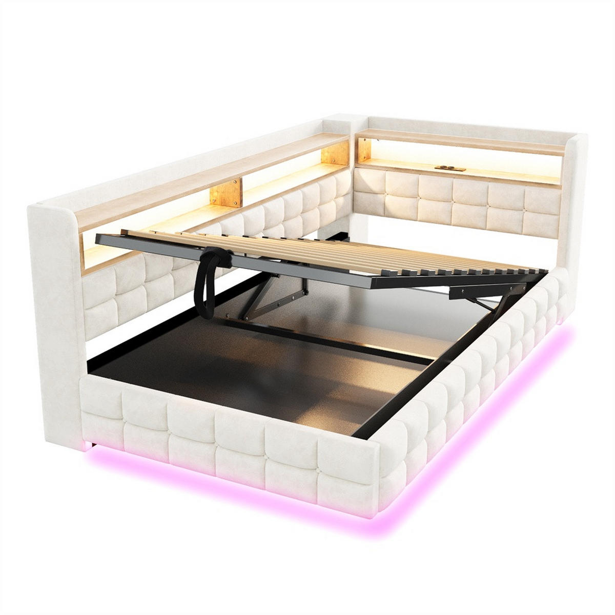 POLSTERBETT 90x200 cm mit hydraulischem Stauraum und Regal - LED Beleuchtung - USB & Typ-C - Beige - ohne Matratze - Beige, Textil (90/200cm) - DELFA